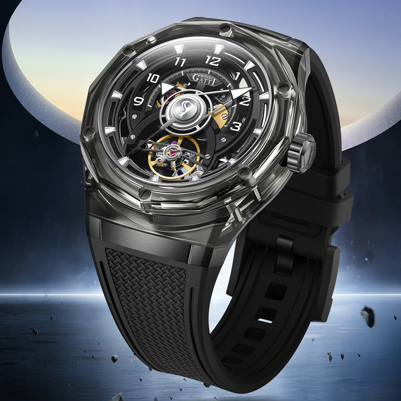 Bugatti brand watch men's acrylic transparent hollow waterproof luminous Tourbillon Automatic mechanical watch