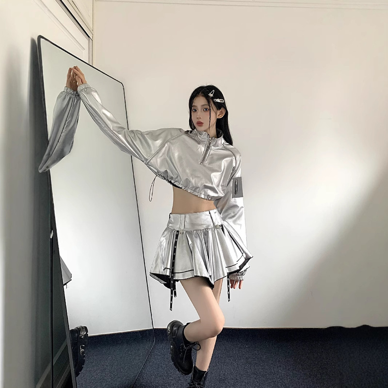 Hot Girl Silver Long-Sleeved Short Sweatshirt High-Waisted Skirt Performance Jazz Dance Ds Hip-Hop Performance Suit Two-Piece Suit