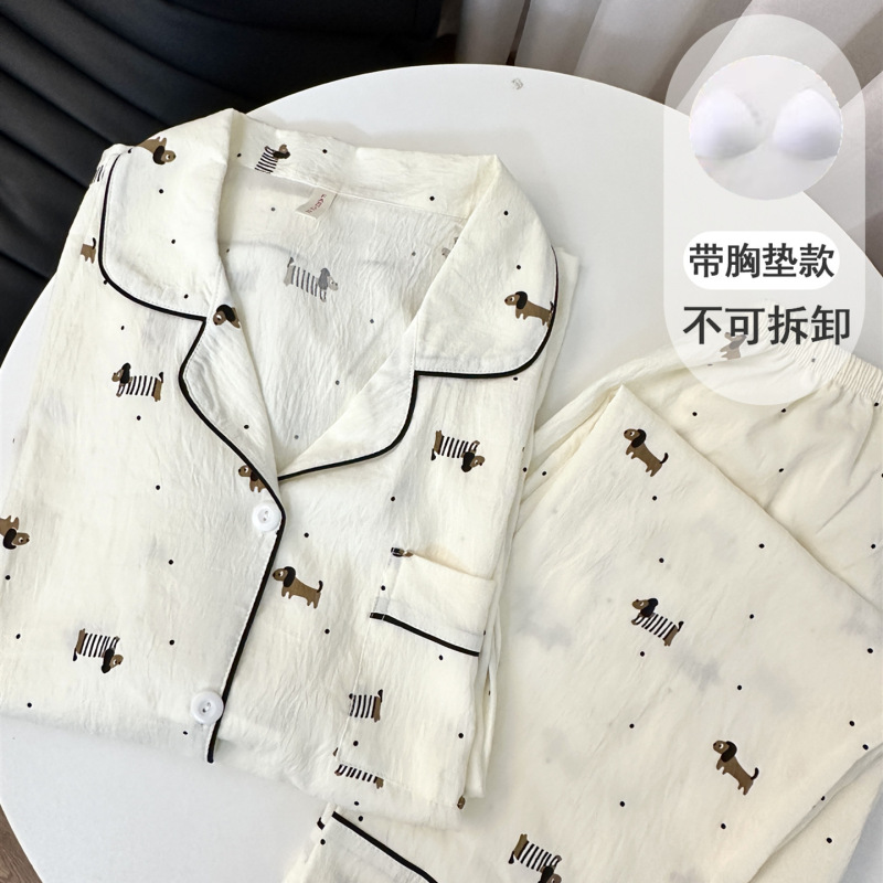 带胸垫黑灰色KT猫睡衣女款春秋季纯棉纱布长袖可爱学生少女家居服|undefined