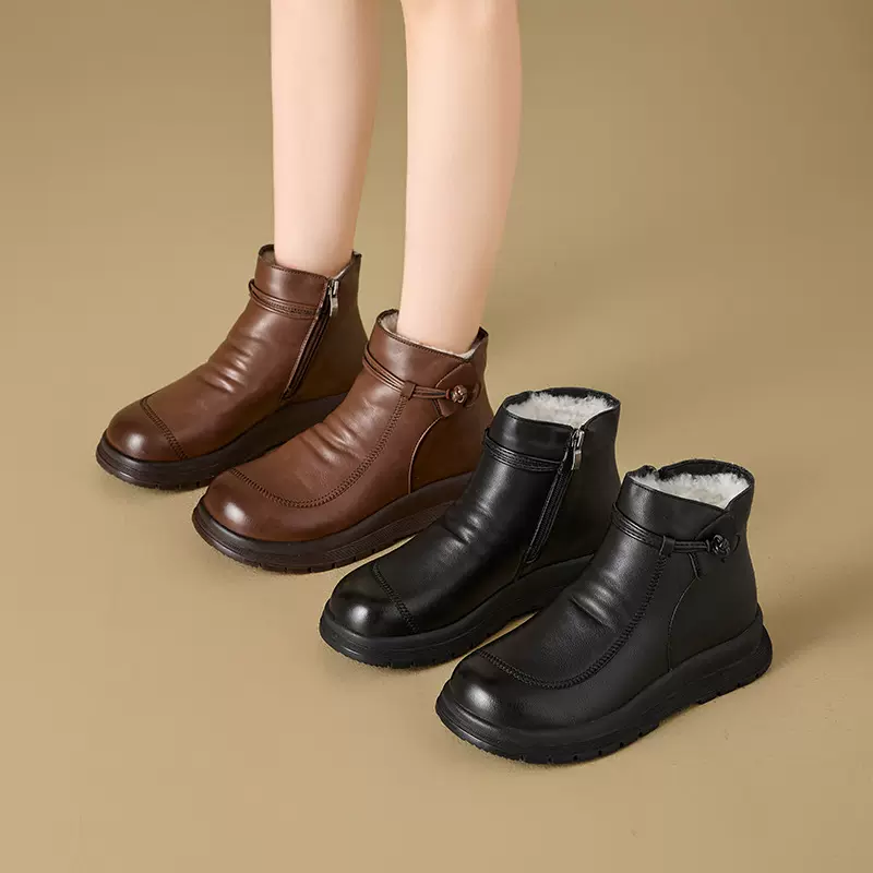 羊毛妈妈鞋棉鞋女软底秋冬季中年短靴皮鞋加绒保暖防滑中老年女鞋