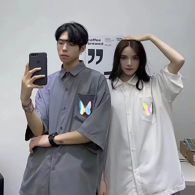 Summer Reflective Butterfly Dk Uniform Three-Quarter Sleeve Shirt for Men and Women Loose Preppy Style Casual Fashion Couple Shirt