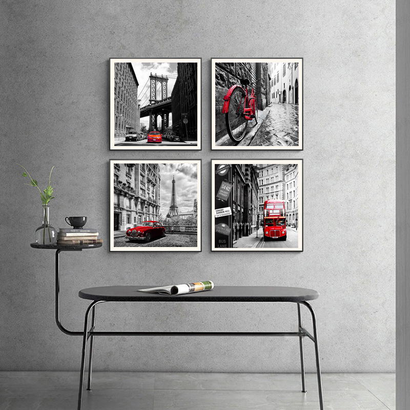 Modern Black And White Red City Street Scenery Bus Bicycle Bedroom Home Decor Painting Core Print_voghion.com