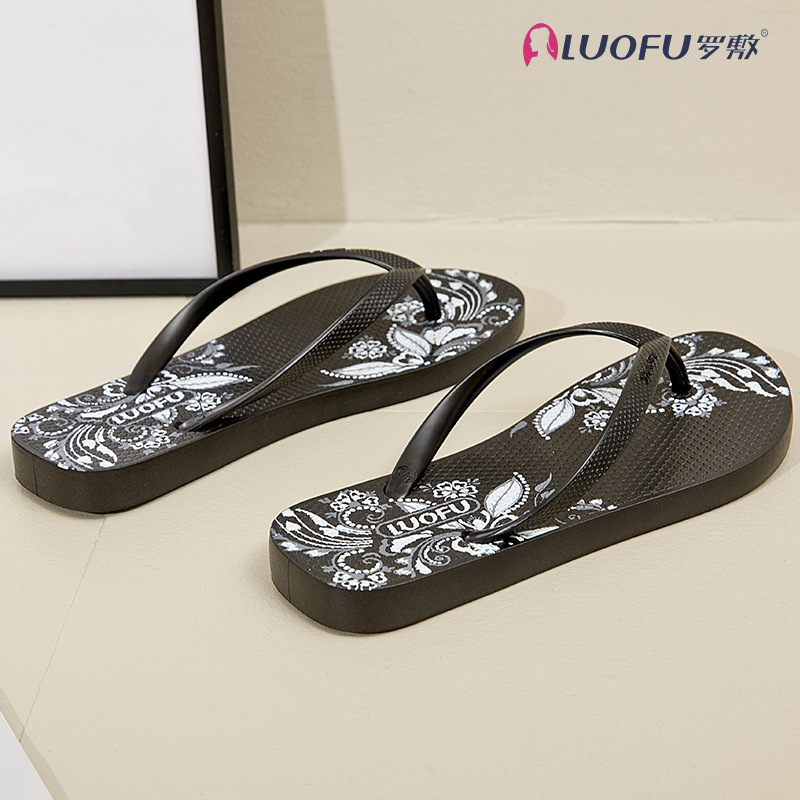 Rofu flip flops de las mujeres elegante nuevo verano al aire libre flip-flops antideslizante moda Zapatos de tacón de playa plano Negro