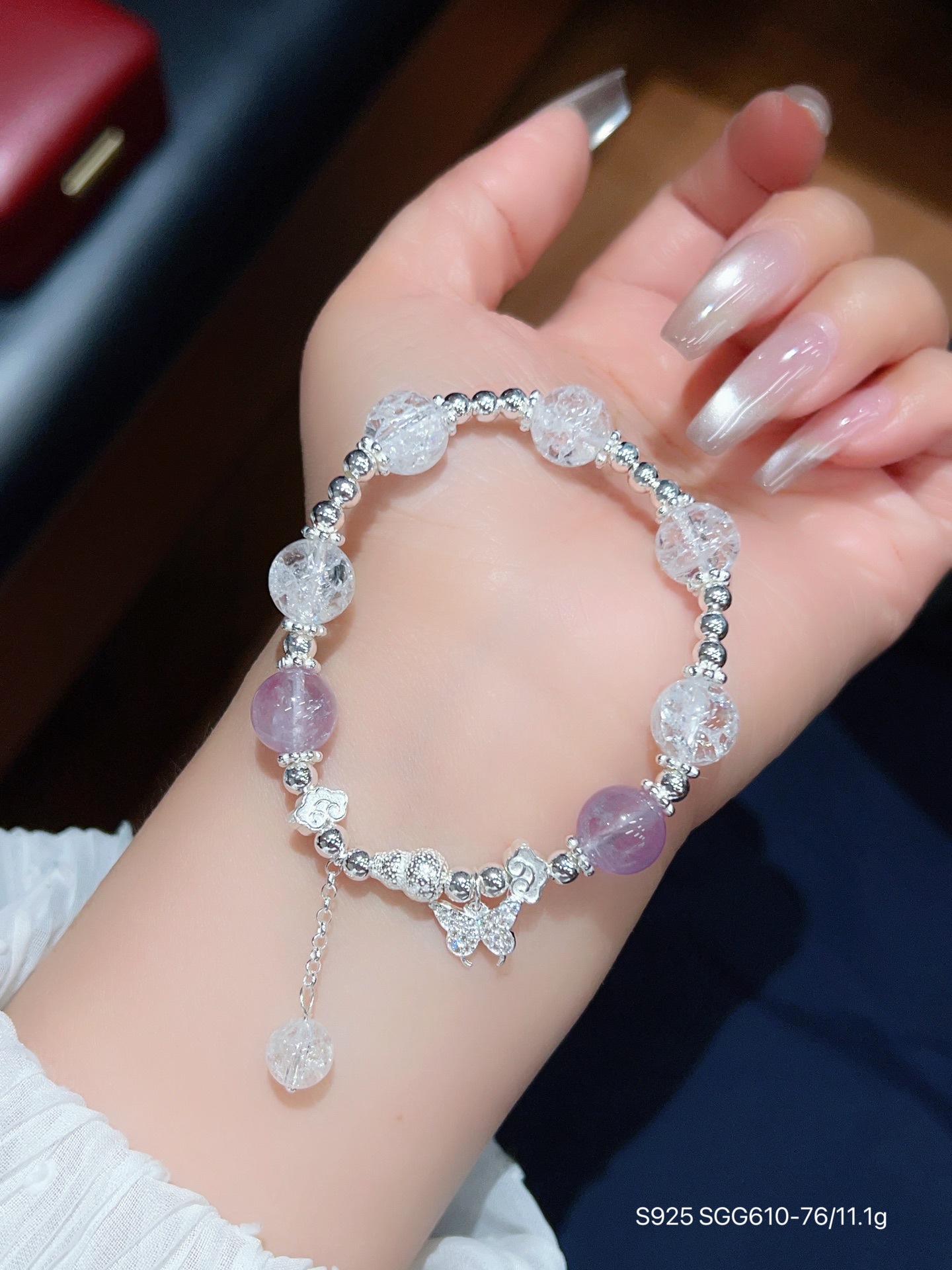 S925 pulsera de mariposa de amatista de plata esterlina joyería de plata femenina con cuentas diseño de nicho pulsera de cristal rosa regalo para novia