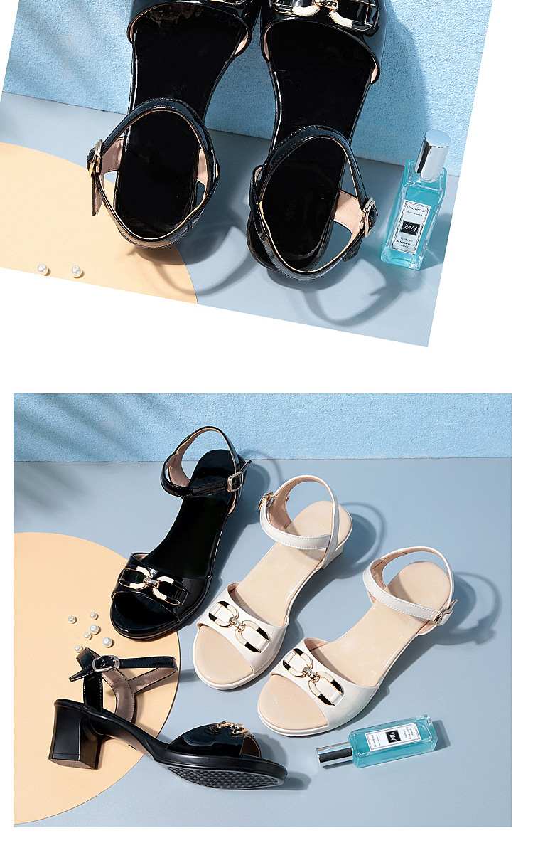 Sandal nữ hở mũi gót vuông da sáng chế, phối váy thanh lịch mùa hè — Màu đen chi tiết 17