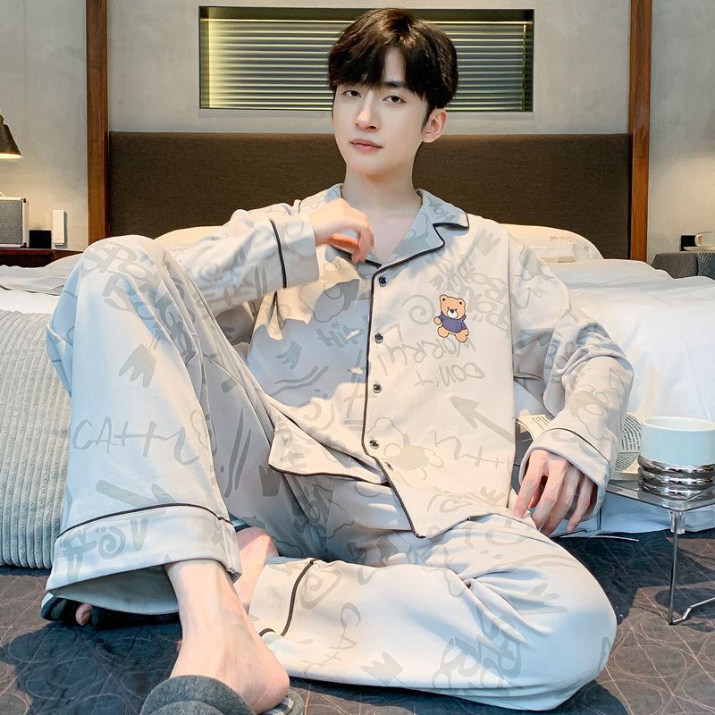 Pajamas de algodón de doble cara para hombres primavera y otoño de manga larga juveniles se pueden usar en el exterior