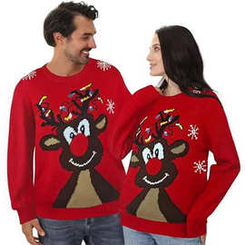 厂家加工定制圣诞服装情侣可爱驯鹿立体粘球丑陋的圣诞节套头毛衣