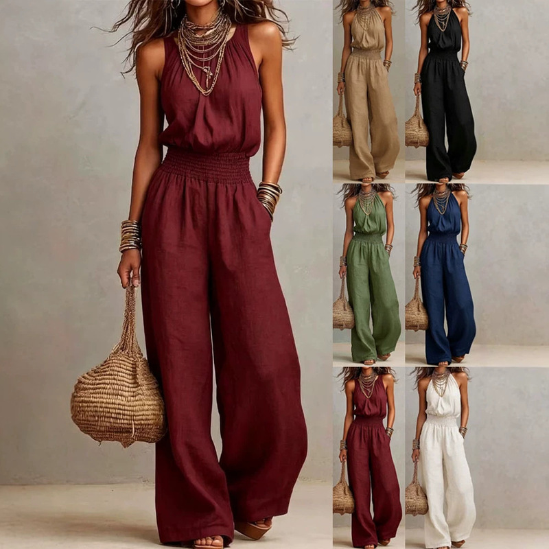 2026 Summer Cross-Border Amazon Women's New Sleeveless Linen Cross-Border European and American Style Backless Jumpsuit 2026 Summer Cross-Border Amazon Women's New Sleeveless Linen Cross-Border European and American Style Backless Jumpsuit