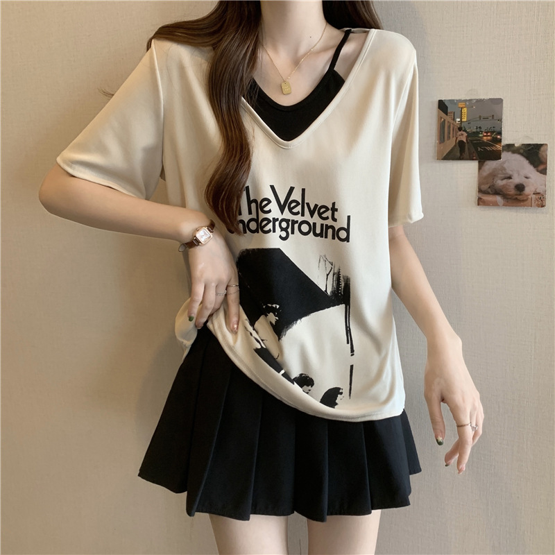 Plus size women's summer new short-sleeved T-shirt women's fashion Western style chubby girl loose slimming design sense niche top