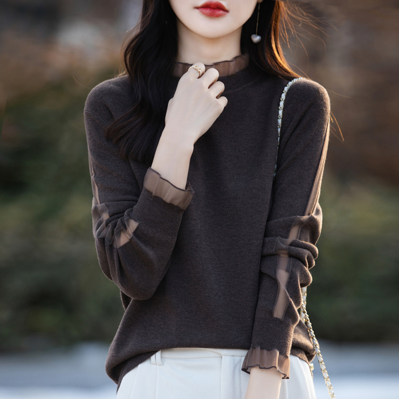 Western Style 2024 Spring and Autumn New Arrival Worsted Wool Knit Sweater Women's Stitching Lace Ear Edge Solid Color Thin Base-Layer Shirt Western Style 2024 Spring and Autumn New Arrival Worsted Wool Knit Sweater Women's Stitching Lace Ear Edge Solid Color Thin Base-Layer Shirt