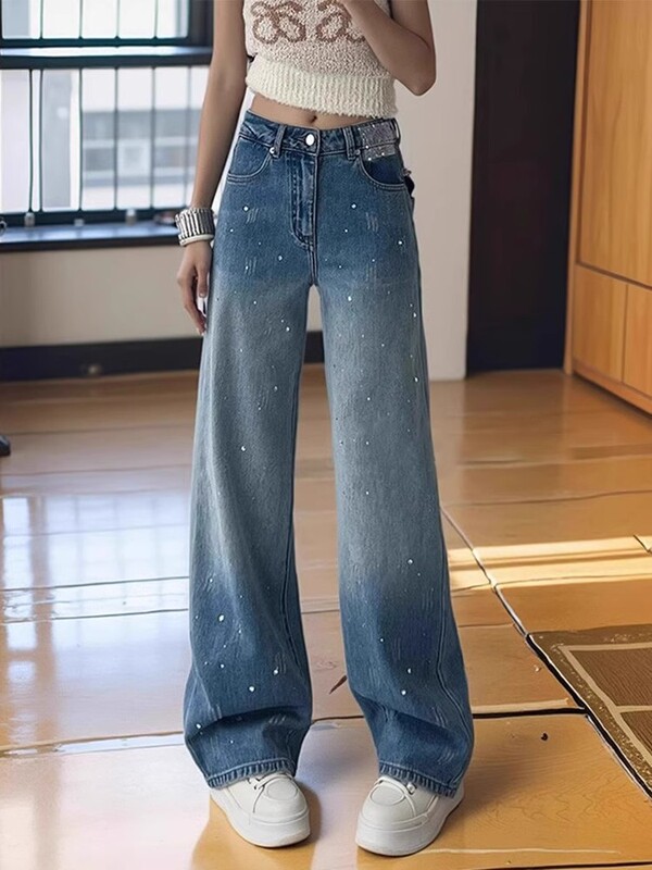 重工烫钻宽松显瘦阔腿直筒裤女秋季新款重工烫钻高级感牛仔裤蓝色|undefined