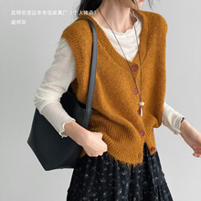 厂家直销 早秋8羊毛v领长驼毛针织马甲女温柔气质叠穿背心坎浅灰