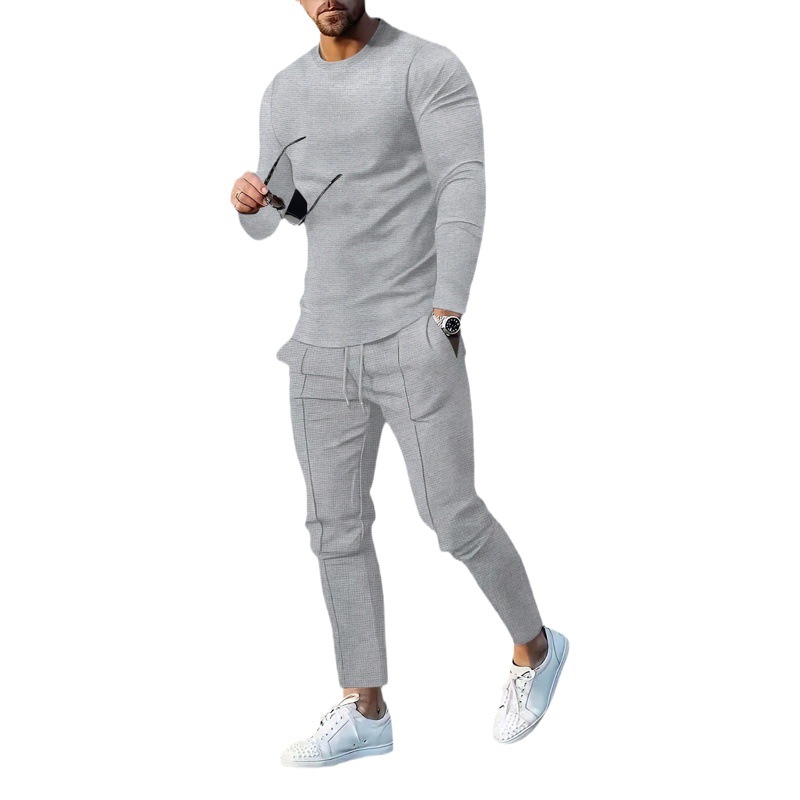 2023 otoño nuevo comercio exterior europeo y americano de color sólido traje waffle cuello redondo manga larga pantalones traje