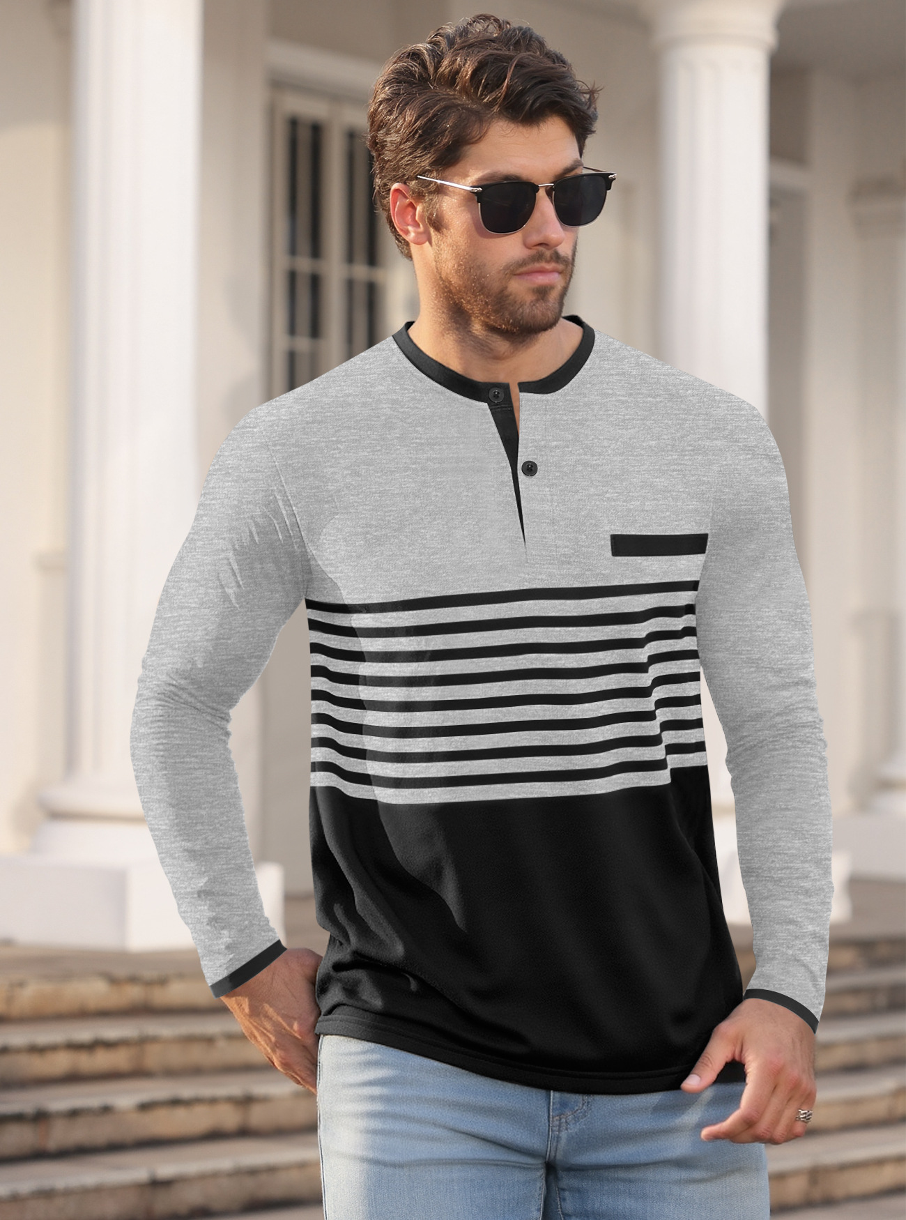 Herr henley långärmad tröja enfärgad vår höst stil_voghion.com