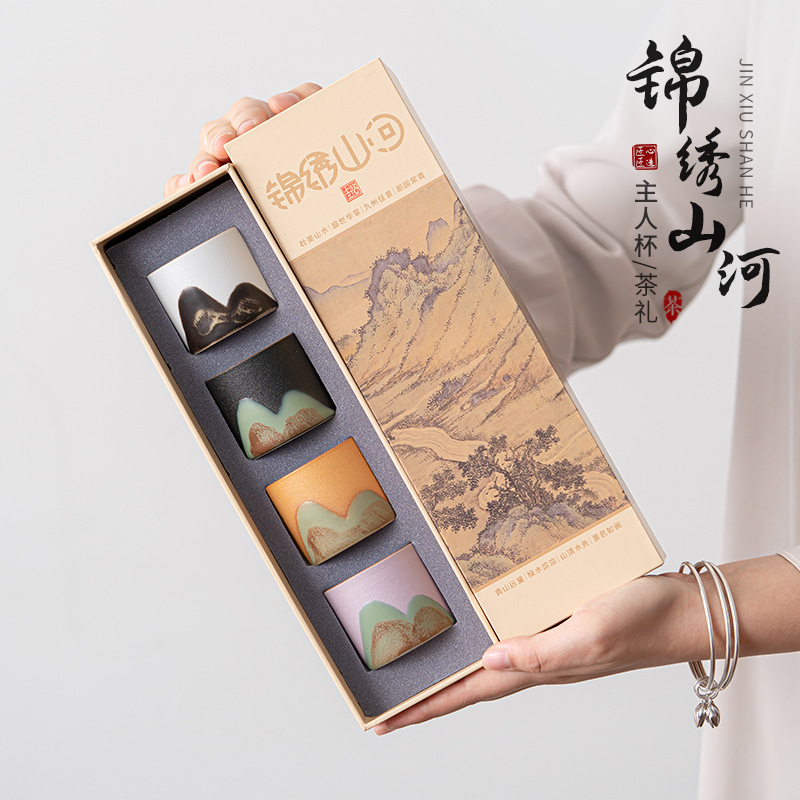 유약 그림 풍경 마스터 컵 싱글 컵 석기 개인 특수 세라믹 내장 컵 차 그릇 쿵푸 차 세트 선물 상자