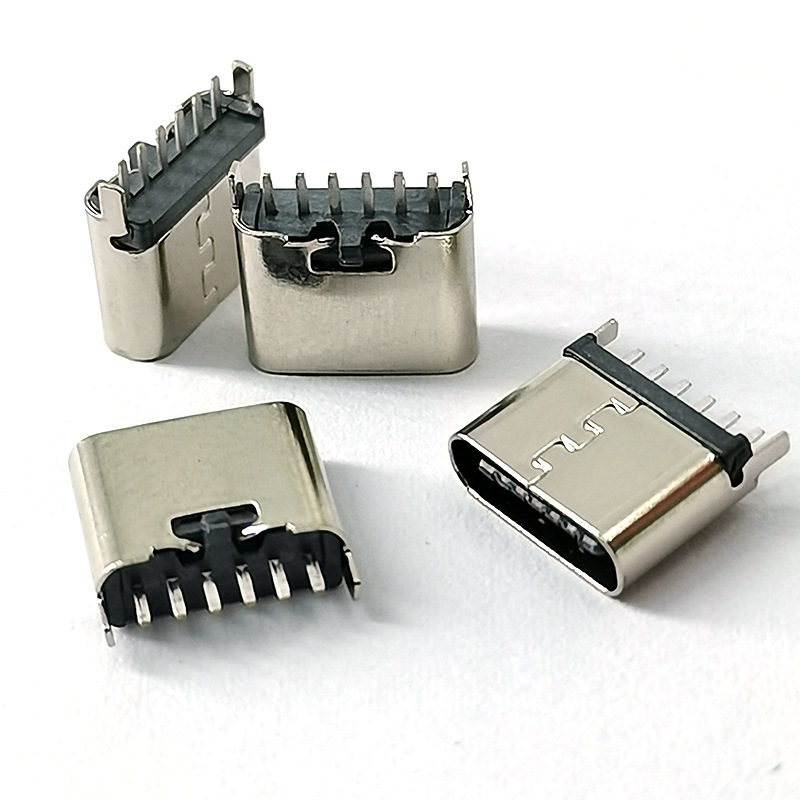 Type C female port 6P direct insertion 180-degree fast charging USB connector 6.8 female port vertical Type-C socket plug