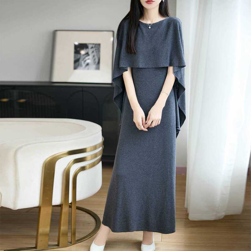 Early autumn French-style elegant cape shawl knitted dress for women, covers the arms, slimming and flattering, goddess style