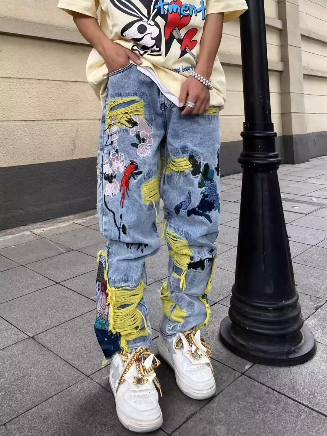 Heavy Embroidered Ripped Jeans American Hong Kong Style Street Fashion for Men And Women mid Waist Straight Pants Blue Long Brushed_voghion.com