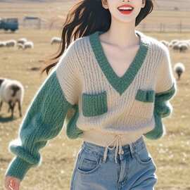 超好看绿色V领针织衫毛衣女装秋冬小众慵懒风宽松休闲感上衣