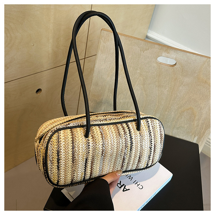 Women's Medium Straw Rainbow Vacation Classic Style Weave Oval Zipper Straw Bag display picture 17