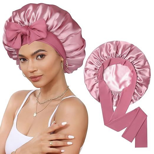 Double-layer satin nightcap with ribbons, women's round cap, double-sided, wide-brimmed, high-elasticity beauty and hair care hat