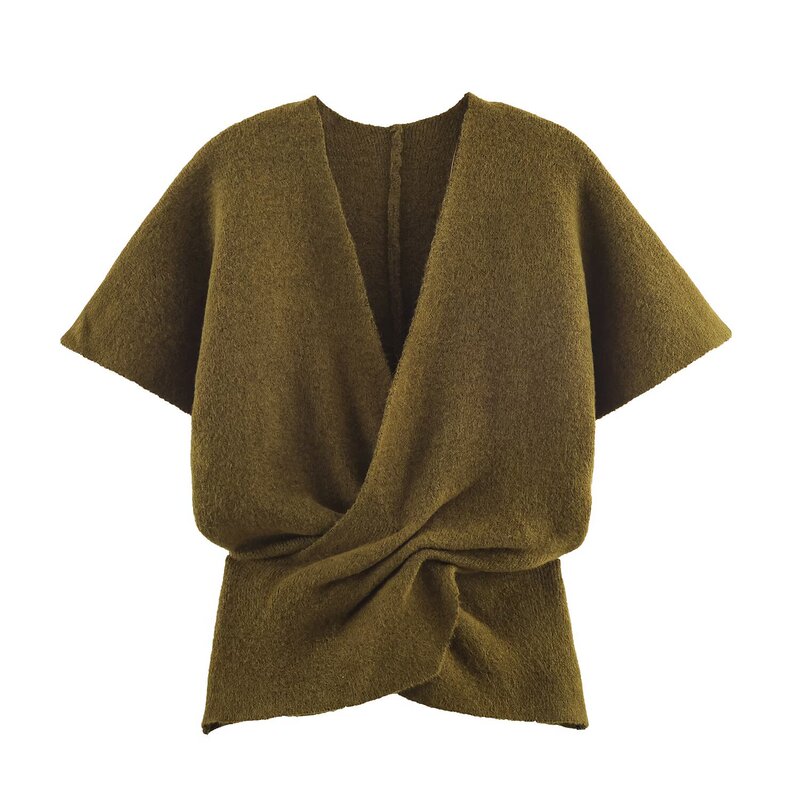 Cross-Border Women's Clothing Wholesale 2025 Winter New European and American Style Fashionable V-Neck Draped Short-Sleeve Knit Top Cross-Border Women's Clothing Wholesale 2025 Winter New European and American Style Fashionable V-Neck Draped Short-Sleeve Knit Top