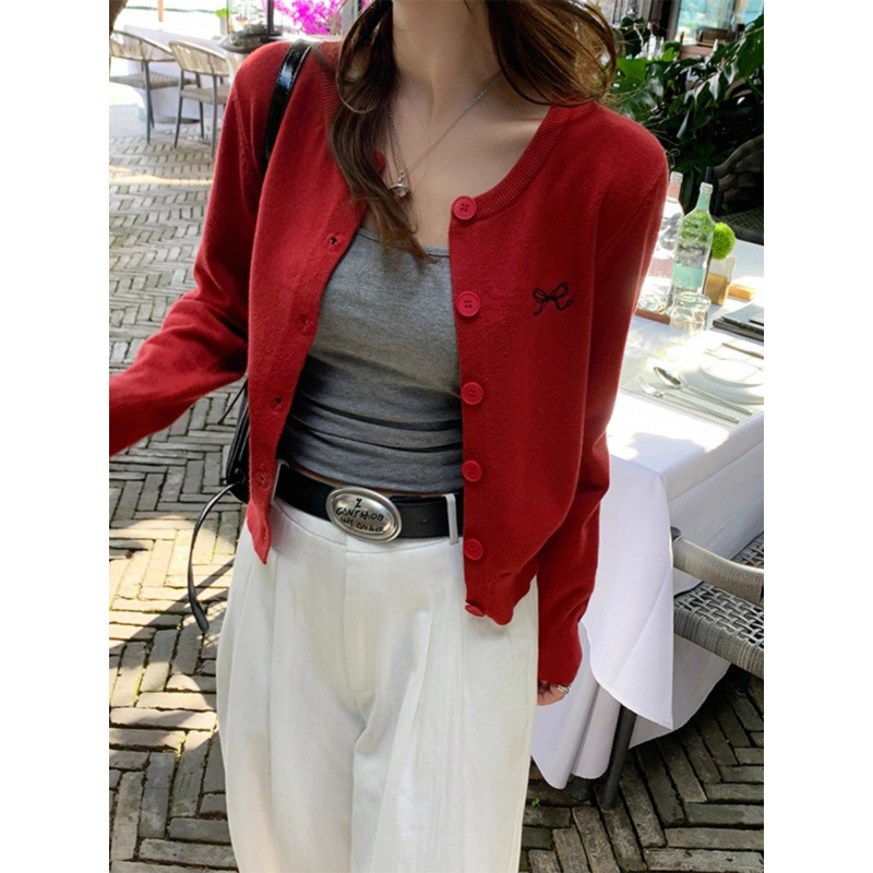 Cross-Border Foreign Trade Exclusively for Oem Source Factories/Red Bowknot Embroidered Long-Sleeve Knitted Cardigan for Women, Fall 2026 Cross-Border Foreign Trade Exclusively for Oem Source Factories/Red Bowknot Embroidered Long-Sleeve Knitted Cardigan for Women, Fall 2026