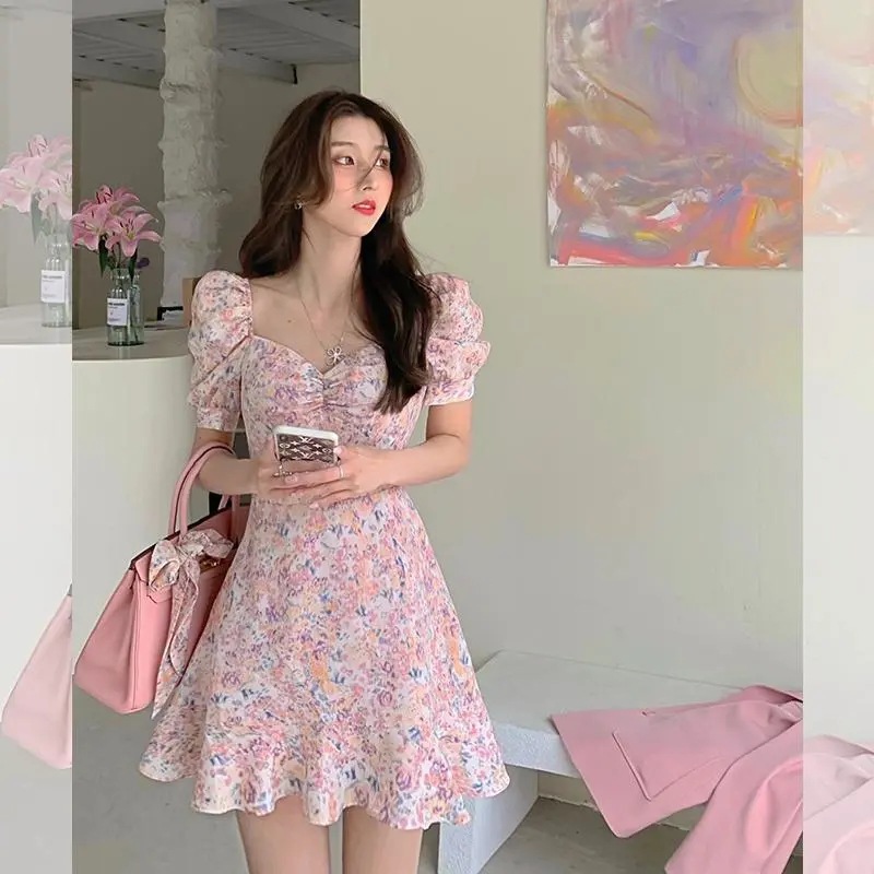 French Floral Dress Tea Break Platycodon Grandiflorum Skirt 2023 Summer New Style Square Collar Bubble Sleeve Tight Waist A- line Short Skirt