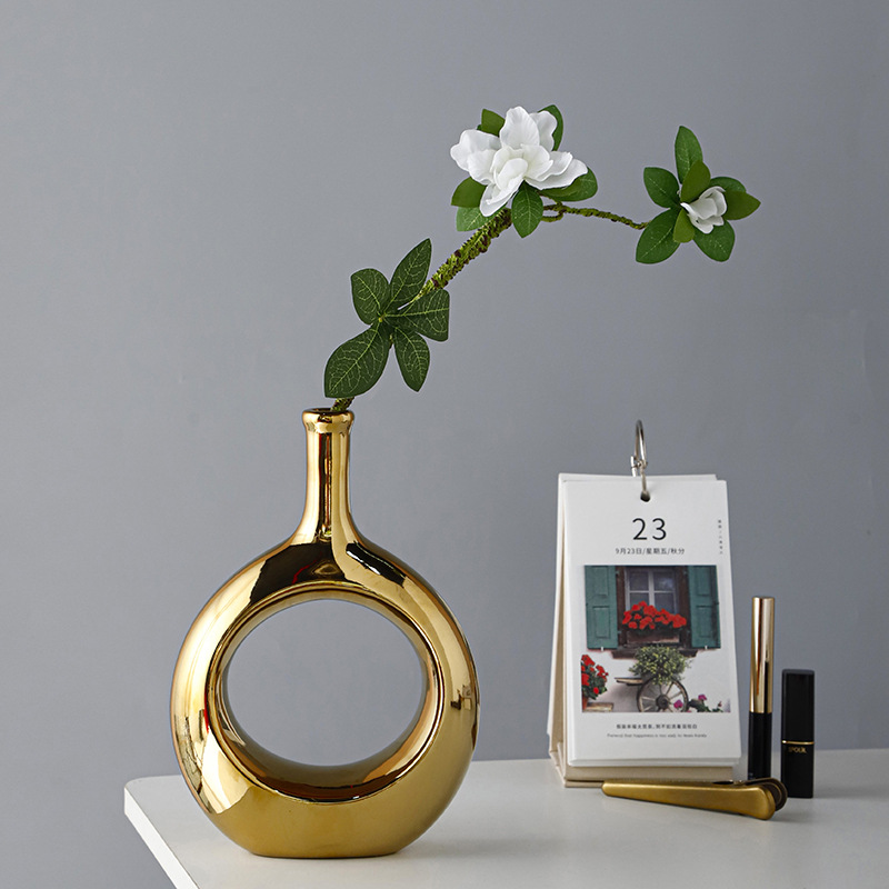 Jarrón de cerámica hueco para flores secas, circular, galvanizado, para exportación, hotel, oficina, hogar, adorno artesanal, arreglo floral, venta al por mayor, arte floral.