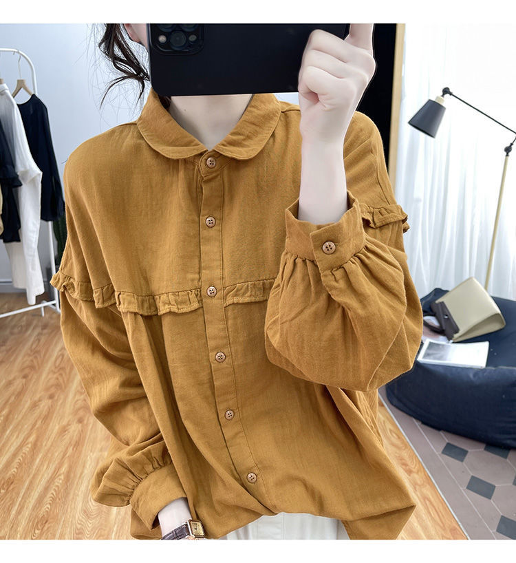 Women's Cotton Linen Blouse With Ruffles And Lantern Sleeves_voghion.com
