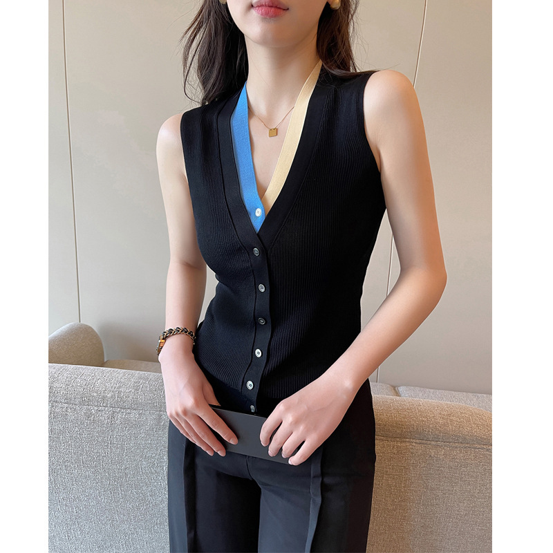 Black Contrasting Color V-Neck Fake Two-Piece Sleeveless Knitted Vest for Women, Summer 2025 New Retro Simple Top