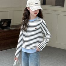 女童韩系美式条纹撞色圆领拼接长袖秋装中大童拼接假两件时尚T恤