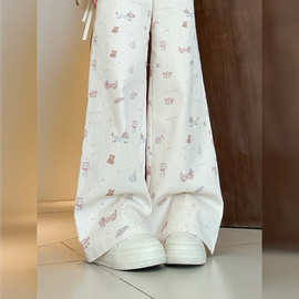 2026春季新款阔腿裤女显瘦垂感牛仔裤卡通图案百搭休闲裤女装批发