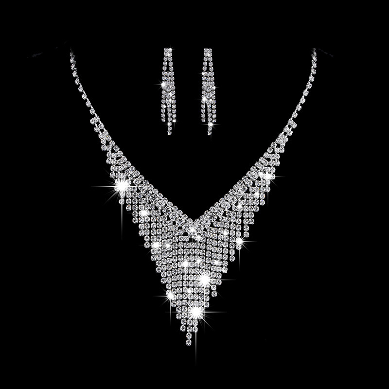 Cross-Border Jewelry European And American Full Diamond Silver Bridal Necklace Earring Set Wedding Dress Chain Fashion_voghion.com
