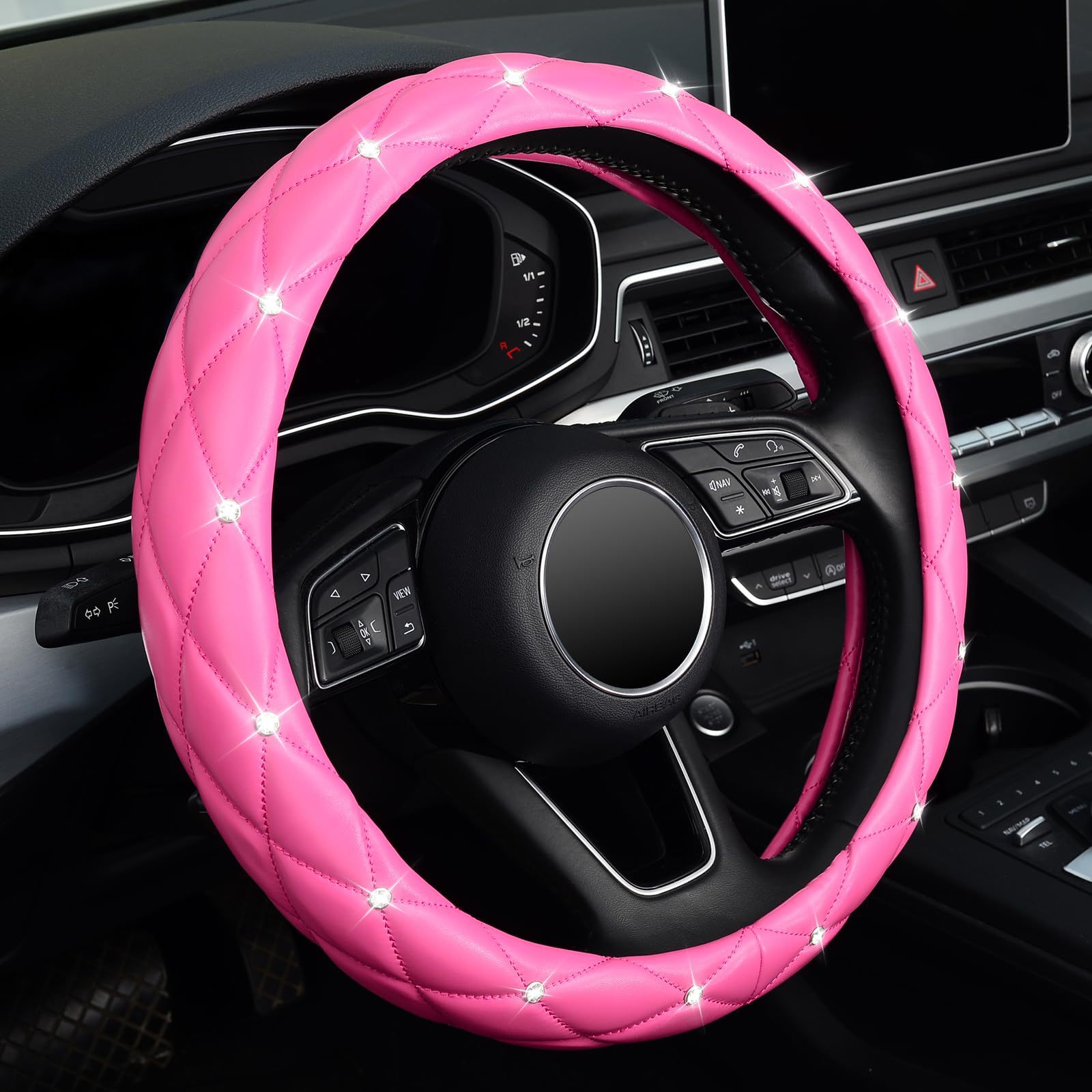 Factory Direct Sales Amazon Car Diamond-Studded Steering Wheel Cover, Universal for All Seasons, Soft Leather Anti-Slip Rhinestone Handle Cover