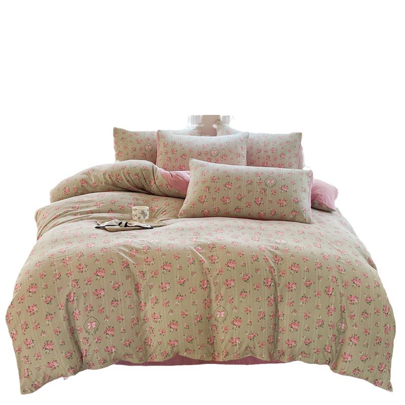 Personalizado en fábrica, sábanas de algodón de algodón de clase A, juego de cuatro piezas, cama de dormitorio de estudiantes floral, juego de tres piezas, funda de edredón, sábana