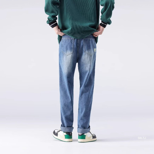 Spring and Autumn American-style Jeans for Men: Loose-Fit, Straight-Leg, Trendy Streetwear, Wide-Legged, High-Street Design, Straight-Cut Denim Pants