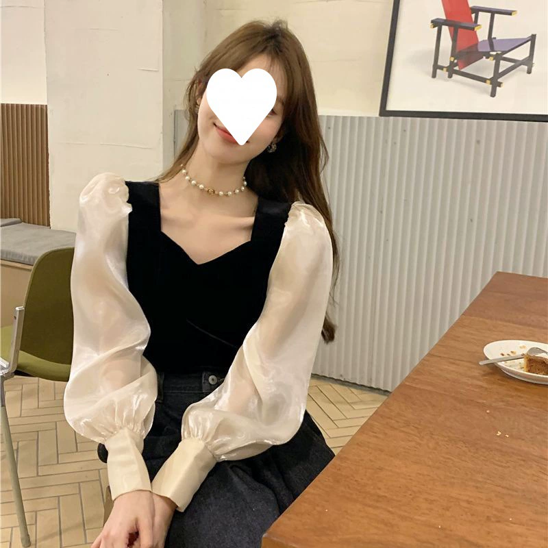 Французская рубашка с пышными рукавами, женская весна 2023, новая верхняя одежда из органзы с квадратным воротником и отстрочкой