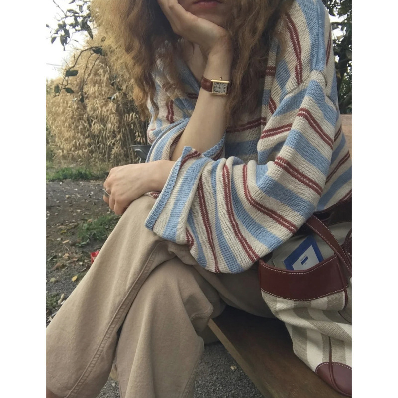 慵懒风条纹v领长袖针织衫女春秋设计感小众宽松打底衫t恤减龄上衣|undefined
