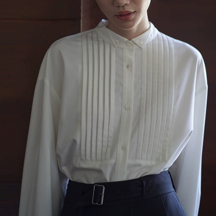 Retro Style Small Lapel Exquisite Tuck-Stitch Placket Classic H-Shaped Slimming Commuter Shirt for Women