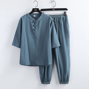 Summer Chinese Style Linen Short-Sleeved Suit Men's Button-Down Half-Sleeved Tang Suit Hanfu Layman's Suit Chinese Cotton and Linen Suit