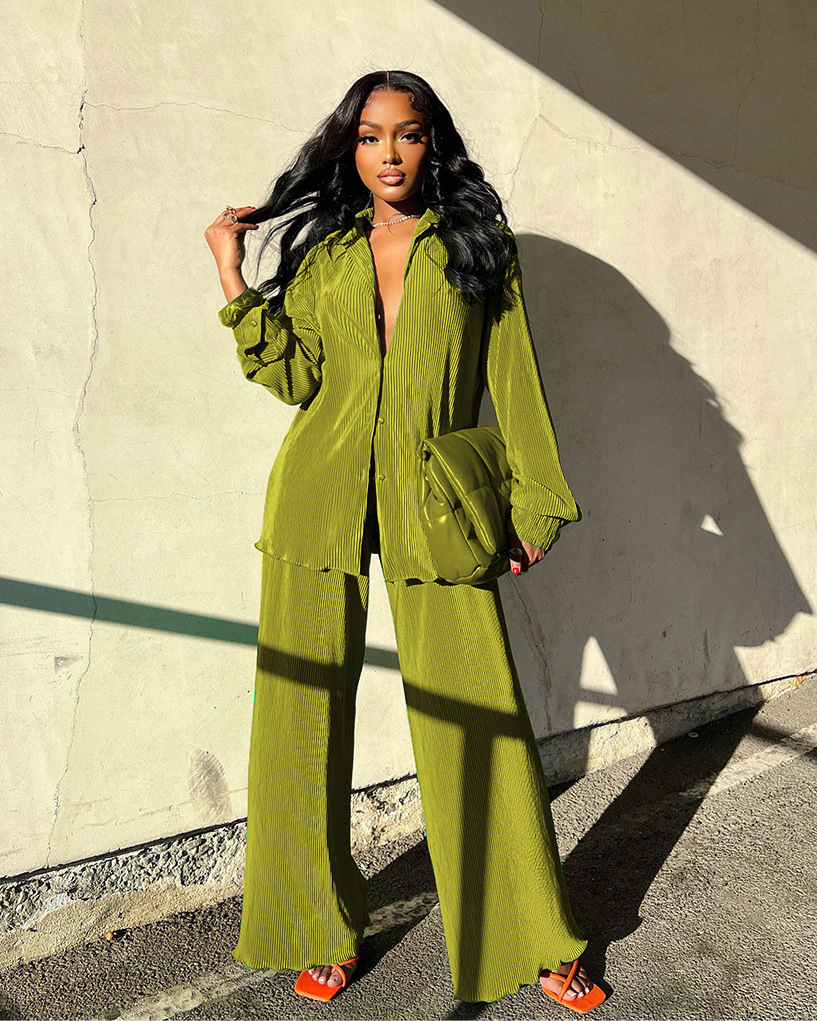 Women's Pant Sets Solid Colour Pleated Long Sleeved Suit Autumn_voghion.com