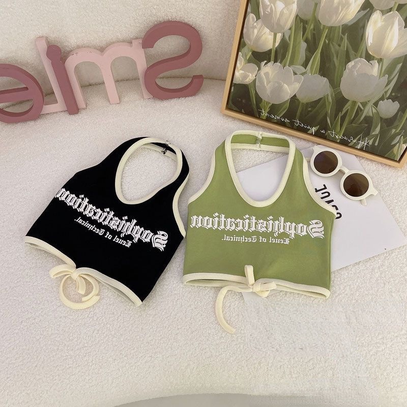 Niñas Chaleco de verano camisola bebé estilo occidental personalidad de los niños marca de moda estilo coreano color a juego carta pantalones cortos sin espalda Halter