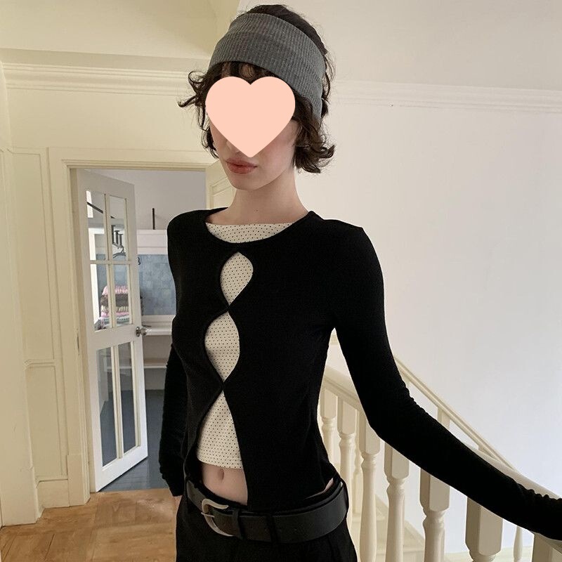 秋季新款纯欲风辣妹短款长袖恤女修身显瘦设计感假两件上衣|undefined