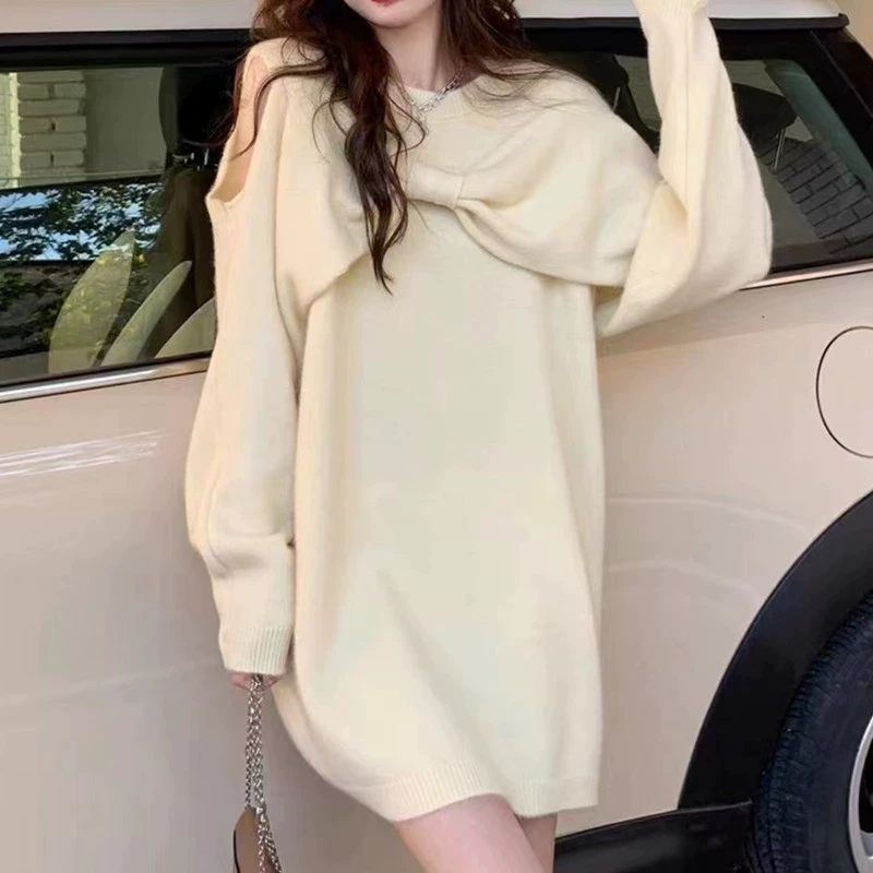 Корейский стиль 2025 осень-зима новое сексуальное платье с бантом вязаное повседневное персонализированное платье с открытыми плечами средней длины для женщин