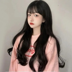 Wig for Women: Long Hair, Influencer Style, Air-Slicked Straight Blunt Bangs, Realistic and Natural, Medium to Long Wavy Volume, Full Head Suit