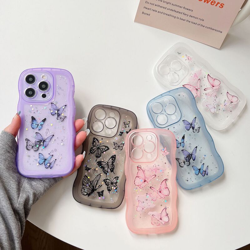 Suitable for Iphone17 Glue Big Wave Mobile Phone Case Apple 16 Painted Butterfly Glitter Transparent Anti-Fall Protective Cover