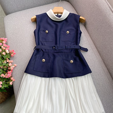 法式赫本风优雅蓝白撞色立领收腰显瘦假两件雪纺百褶连衣裙短裙女