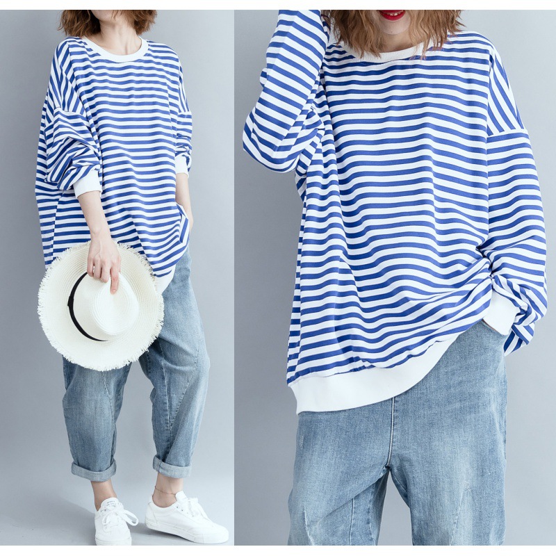 Plus-Size Women's Versatile and Comfortable Top, Spring 2026 New Product, Artistic Large-Size Women's Clothing, Color-Blocked Striped Long-Sleeve Sweatshirt