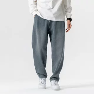 春季新款纯色百搭男牛仔裤宽松潮流复古抽绳简约情侣款休闲直筒裤